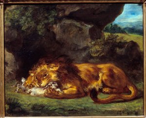 Leeuw die een konijn verslaat. Schilderij door Eugene Delacroix (1798-1863) door Ferdinand Victor Eugene Delacroix