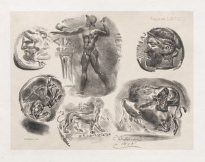 Blad met zes antieke munten, 1825 door Ferdinand Victor Eugene Delacroix