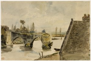 De oude brug bij Nantes, c.1827 (aquarel op crèmekleurig papier) door Ferdinand Victor Eugene Delacroix