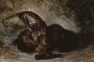 Tijger die een paard aanvalt