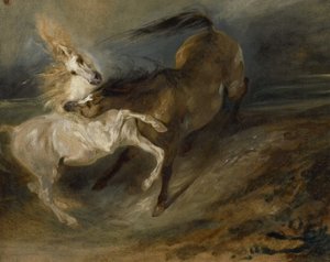Twee vechtende paarden in een stormachtig landschap