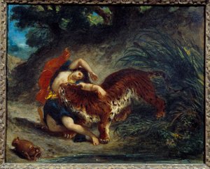 Jonge vrouw meegenomen door een tijger of Indiër gebeten door een tijger door Ferdinand Victor Eugene Delacroix