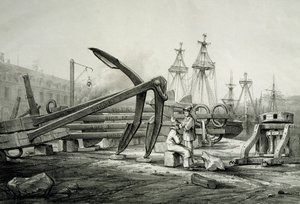 Ankers op scheepswerf, door Ferdinand Perrot, lithografie door Ferdinand Victor Perrot