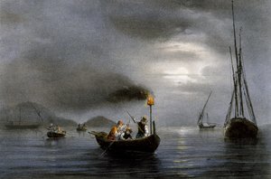 Nachtvissen met vislamp, Kleurenlithografie door Ferdinand Perrot (1808-1841) door Ferdinand Victor Perrot