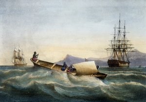 Uithangboot uit Antillen, kleurenlithografie door Ferdinand Perrot