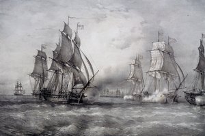 Paul Jones valt Britse vloot aan onder bevel van Pearson en komt aan vanuit de Oostzee door Ferdinand Victor Perrot