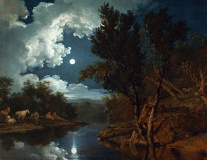 Rivierlandschap bij maanlicht