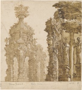 Toneelontwerp van Tuinpaviljoens door Ferdinando Galli Bibiena