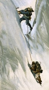 Hillary ramde zijn lichaam in een smalle spleet en hees zichzelf achterwaarts omhoog. door Ferdinando Tacconi