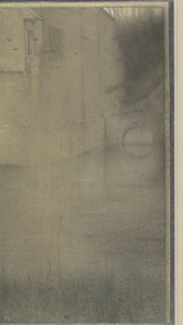 Schim van een vrouw voor een huis omringd door water door Fernand Khnopff