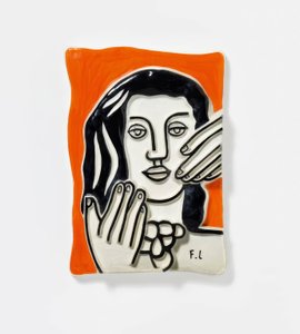 Gezicht met beide handen, op oranje achtergrond door Fernand Leger