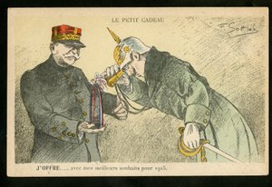 Ansichtkaart, Satirisch in kleuren, ca. 1914: Een klein geschenk dat ik aanbied met mijn beste wensen voor 1915 - Oorlog van 14-18, Kanonnen, granaten - William II, Joffre Illustratie door Gottlob (1873-1935)