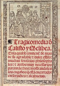 Miniatuur op perkament op de omslag van de Celestina of Tragicomedia de Calisto y Melibea, Spaans manuscript door Fernando de Rojas, gepubliceerd in 1531 door Fernando de Rojas