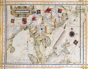 Vliegtuigkaart, pre-Mercator kaart van 1571 door de Portugese cartograaf Fernao Vaz Dourado