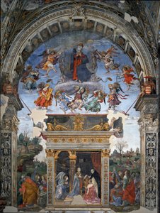 Hemelvaart van de Maagd en beneden Sint Thomas van Aquino die Maria presenteert aan kardinaal Oliviero Carafa