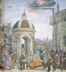 Sint Jan Evangelist wekt Drusiana op, detail van Verhalen van Sint Jan Evangelist, fresco, Basiliek van Santa Maria Novella, Strozzi-kapel, Florence door Filippino Lippi