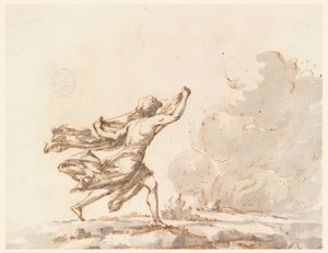 Tekening, Een jonge man rent naar een vuur, midden 18e eeuw door Filippo Marchionni