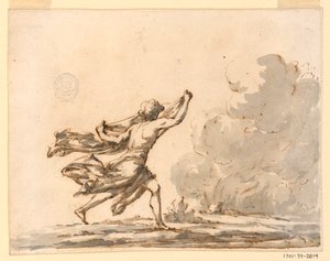 Tekening, Een jonge man rent naar een vuur, midden 18e eeuw door Filippo Marchionni