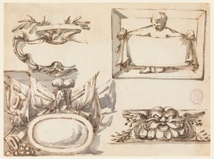 Tekening, Een wapenschild, een trofee, een etiket, een decoratief motief voor een fries, 1750-75 door Filippo Marchionni