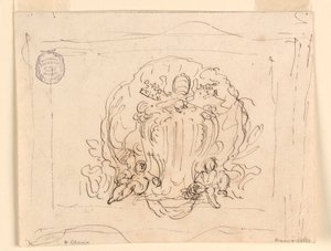 Tekening, Tablet met het wapen van paus Benedictus XIV met schelp als achtergrond, 1740-58 door Filippo Marchionni