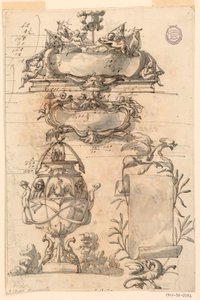 Tekening, Twee wapenschilden, decoratieve vaas en een rol, 1750-75 door Filippo Marchionni