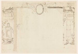 Tekening, onvoltooid ontwerp voor een gedenkblad dat verwijst naar de bouw van een pauselijke fabriek (Magazins van Annona), 1760-69 door Filippo Marchionni