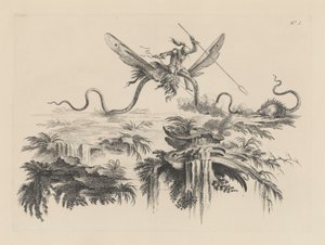 Een wilde gemonteerd op een gevleugelde slang die vecht met een wild beest dat lijkt op een stekelvarken door Filippo Morghen