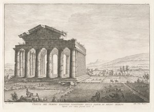 Veduta del tempio esastilo perittero dalla parte di mezzo giorno (Zicht op de Peripterale Hexastyle Tempel vanuit het zuiden), uit Antichità di Pesto (Antiquiteiten van Paestum) door Filippo Morghen
