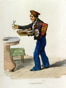 Galante handelaren (kleine handelaren) in Napels. Deze straatverkopers boden cosmetica aan. - Gekleurde kopergravure naar een schilderij van F. Palizza (uit: 