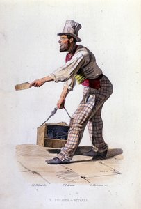 Kleine bedrijven van de stad Napels: de schoenpoetser. Gravure naar een schilderij van F. Palizza. Uit een werk van Francesco de Bourcard “Costumi del regno di Napoli” door Filippo Palizzi