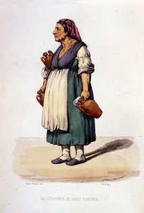Kleine bedrijven van de stad Napels: wandelende verkoopster van zwavelwater. Gravure uit een werk van Francesco de Bourcard 