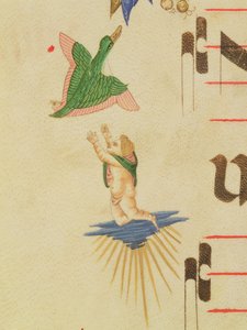 Missaal 515 f.13v Een geklede cherub die probeert een vliegende vogel te vangen, uit een decoratieve rand, detail uit een Koorboek uitgevoerd voor 1449