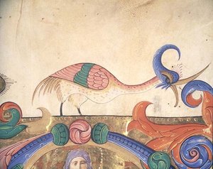 Fantasievogel, detail van de decoratie rond een historiated initiaal uit een Koorboek uitgevoerd voor 1449 (detail)