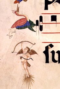 Een cherub schiet een ooievaar met een boog en onzichtbare pijl (detail)