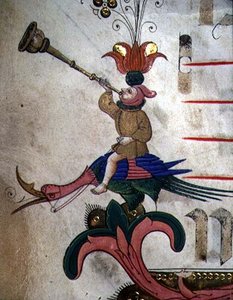 Missaal 515 f.9r Figuur die een hoorn blaast, gemonteerd op een getooide vogel, detail van decoratieve rand uit een Koorboek uitgevoerd voor 1449 (detail)