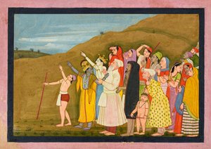 Krishna en zijn familie bewonderen een zonsverduistering, misschien een pagina uit de “Kangra/Modi” Bhagavata Purana door First generation after Nainsukh