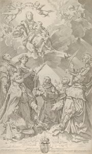 Patroonheiligen van Bologna kijken omhoog naar de Maagd die in de wolken zit, 1640-50