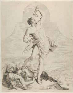 Simson die de kaak van een ezel boven zijn hoofd houdt en naast de Filistijnen staat, ca. 1640-60 door Flaminio Torre