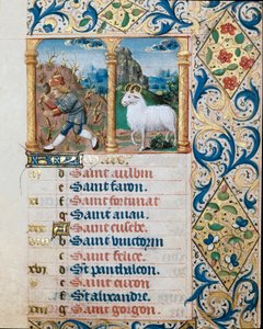 Kalender, de maand maart, een zaaiende boer en de ram. Pagina uit een getijdenboek ms. 47, verlucht door de Vlaamse school. 16e eeuw