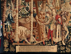Kathedraal. Het tapijtmuseum. Vlaamse wandtapijt. De legende van het Heilig Kruis (detail). Ca. 1450.