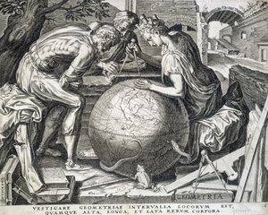 Personages leunend boven de wereldbol met passer (allegorie van geometrie) - gravure, Vlaanderen