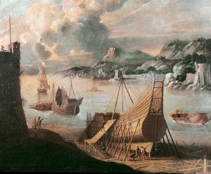 Bouw van een galeon in een Genuees scheepswerf door Flemish School