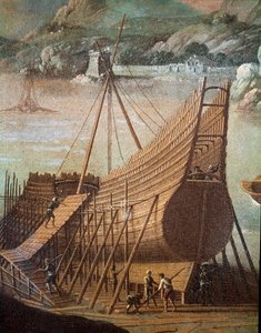 Bouw van een galei in een scheepswerf in Genua (detail)
