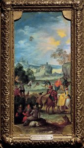Valkenjacht. Jachtscène en rust op het platteland. Schilderij van de Vlaamse School. Begin 17e eeuw. Dijon, Museum voor Schone Kunsten door Flemish School