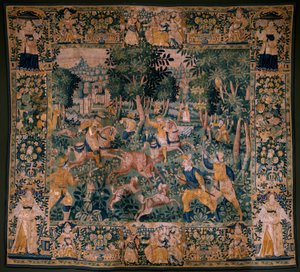 Vlaamse wandtapijt. Jacht op een hert. Atelier van Oudenaarde. 295x331cm. Inv (82941)-1 / PRIVE. 17e eeuw. door Flemish School