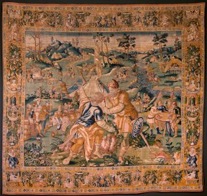 Vlaamse wandtapijt. Militaire kamp bij de rivier Granikos. Atelier van Oudenaarde. 377x393cm. Inv 83104-9 /00011. 17e eeuw. door Flemish School