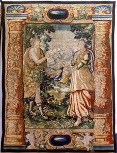 Vlaams wandtapijt. Serie Galanterie. Galante scène. Manufacture Brussel, begin 17e eeuw. Stof Zijde en wol, 5/6 scheringen per cm. Grootte 348 x 263 cm. Locatie Kerk van San Millán de la Cogolla, Oncala (Soria). Oorsprong Een schenking