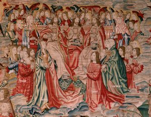 Menselijke verlossing of ondeugden en deugden. Christus stijgt op naar de hemel en de mens wordt verlost voor God. Negende wandtapijt in de serie.