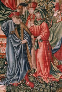 Vlaams wandtapijt. Serie Menselijke Verlossing of Ondeugden en Deugden. Deugden dagen de Ondeugden uit wanneer Christus zijn bediening begint. Zesde wandtapijt in de serie.