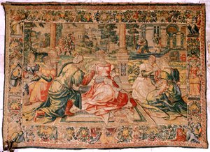 Vlaamse wandtapijt. Serie Marcus Antonius en Cleopatra. Cleopatra en haar hof. Model Carton toegeschreven aan Pieter Coecke van Aelst. Atelier Brussel(?). Tweede helft van de 16e eeuw. Stof Zijde en wol. Afmeting 310 x 435 cm. Oorsprong